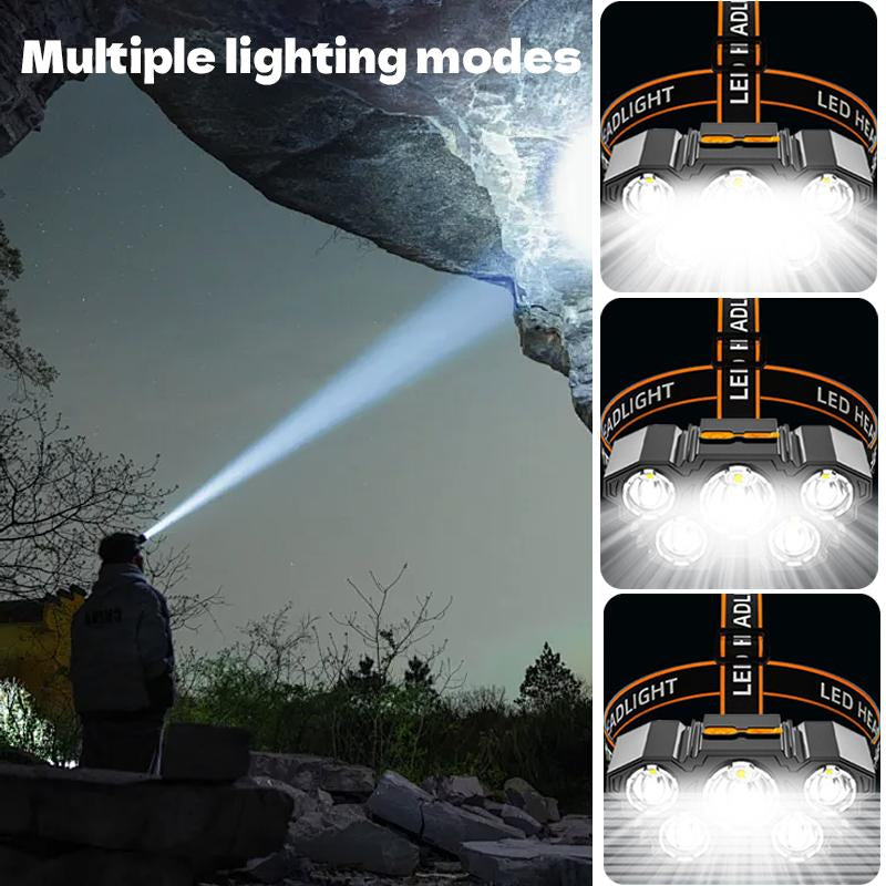 2 Rechargeable Headlamps, a Fishing Headlamp with 5 LED Bulbs, Featuring Three Modes and Waterproof Function, Suitable for Outdoor Camping, Hiking, Running, and Vehicle Maintenance Tasks.