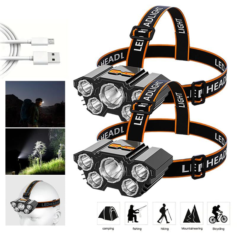2 Rechargeable Headlamps, a Fishing Headlamp with 5 LED Bulbs, Featuring Three Modes and Waterproof Function, Suitable for Outdoor Camping, Hiking, Running, and Vehicle Maintenance Tasks.