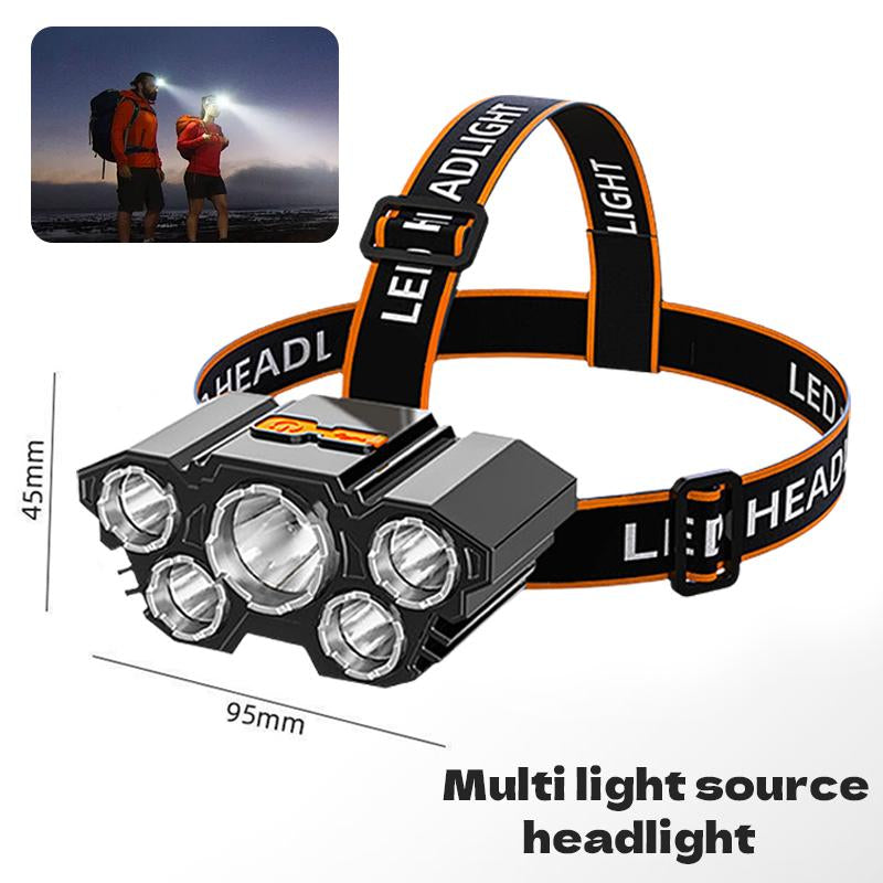 2 Rechargeable Headlamps, a Fishing Headlamp with 5 LED Bulbs, Featuring Three Modes and Waterproof Function, Suitable for Outdoor Camping, Hiking, Running, and Vehicle Maintenance Tasks.