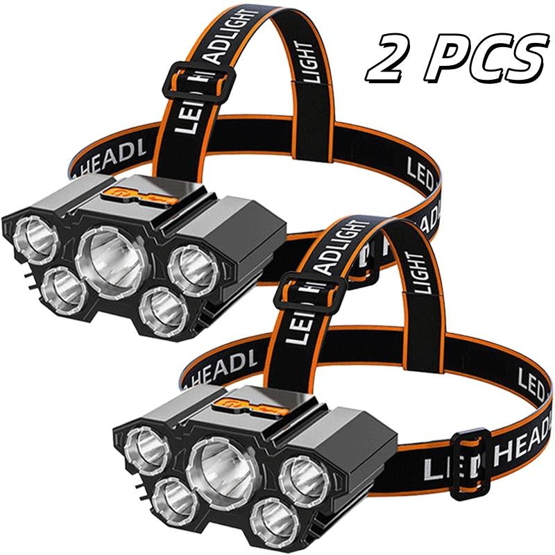 2 Rechargeable Headlamps, a Fishing Headlamp with 5 LED Bulbs, Featuring Three Modes and Waterproof Function, Suitable for Outdoor Camping, Hiking, Running, and Vehicle Maintenance Tasks.