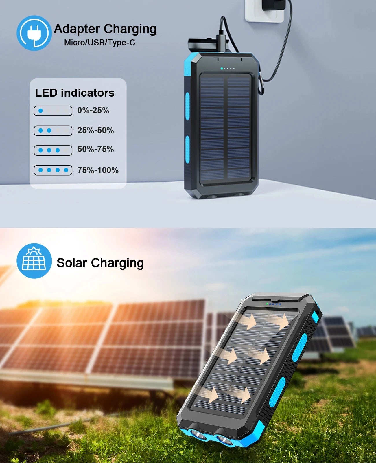 Power Up Your Adventures with the 30000mAh Solar Power Bank - Dual USB, Waterproof, and LED Lighting for Outdoor Enthusiasts!