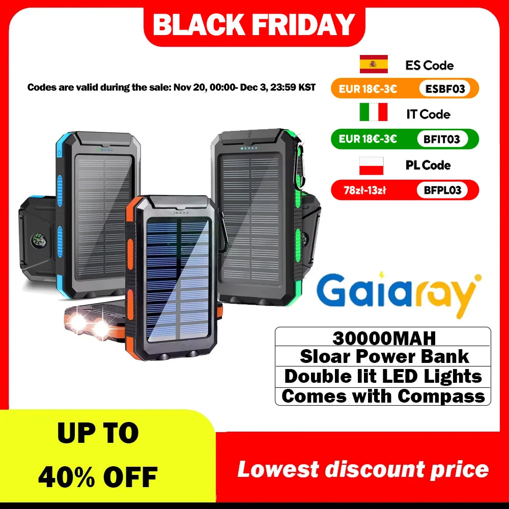Power Up Your Adventures with the 30000mAh Solar Power Bank - Dual USB, Waterproof, and LED Lighting for Outdoor Enthusiasts!