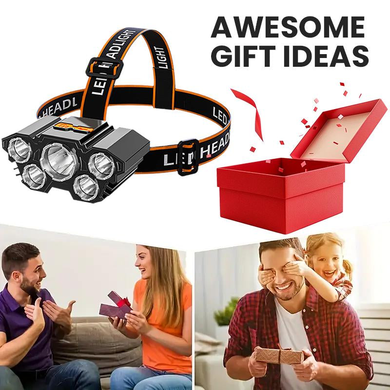 2 Rechargeable Headlamps, a Fishing Headlamp with 5 LED Bulbs, Featuring Three Modes and Waterproof Function, Suitable for Outdoor Camping, Hiking, Running, and Vehicle Maintenance Tasks.