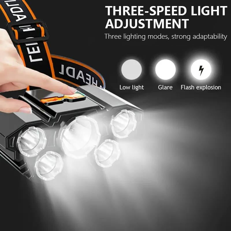 2 Rechargeable Headlamps, a Fishing Headlamp with 5 LED Bulbs, Featuring Three Modes and Waterproof Function, Suitable for Outdoor Camping, Hiking, Running, and Vehicle Maintenance Tasks.