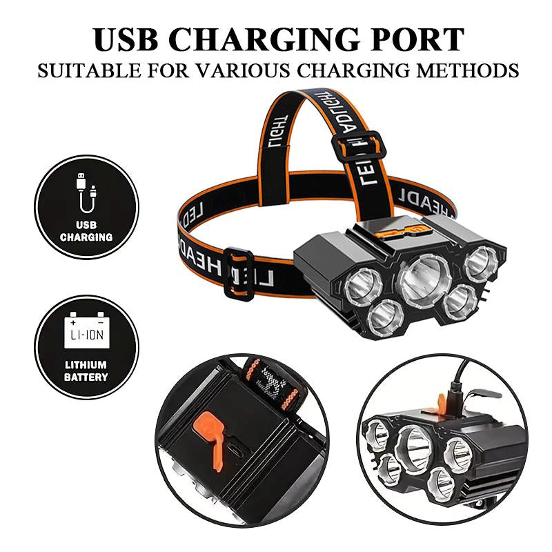2 Rechargeable Headlamps, a Fishing Headlamp with 5 LED Bulbs, Featuring Three Modes and Waterproof Function, Suitable for Outdoor Camping, Hiking, Running, and Vehicle Maintenance Tasks.